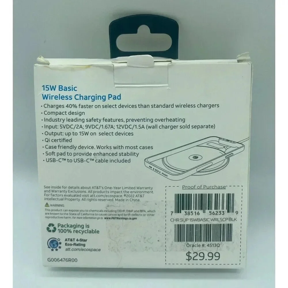 AT&T 15W Fast Charge Wireless Charging‎ Pad Black Fully Tested